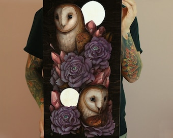 Owls 'N Roses 12x24 Fine Art Giclee Print on Wood