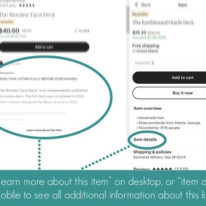 以下が含まれることがあります： Etsy に掲載されている木製タロットデッキのリスト。説明には、「購入前に商品のリストをすべてお読みください。木製タロットデッキは、独立して出版された占いのデッキです。フルデッキは2014年に完成し、2013年に最初にメジャーアルカナをデザインしました。」と記載されています。