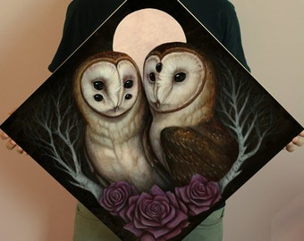 Barn Owl Couple 20x20 Fine Art Giclee Print on Wood