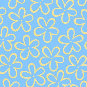 Könnte beinhalten: Ein sich wiederholendes Muster aus gelben Blumen mit fünf Blütenblättern auf hellblauem Hintergrund. Die Blumen sind gelb umrandet und gleichmäßig über das Bild verteilt, was ein fröhliches und sommerliches Design ergibt.