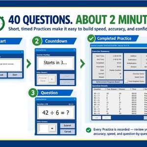 May include: An educational infographic titled 40 QUESTIONS. ABOUT 2 MINUTES. It illustrates a timed training exercise process with steps labeled Start, Countdown, Question, and Completed Practice, showing software interface windows.