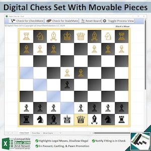 May include: A digital chess set with movable pieces. The chessboard is displayed on a computer screen with a light blue and gray background. The chess pieces are gold and black. The screen also includes buttons for "Check for CheckMate", "Check for StaleMate", "Reset Board", and "Toggle Process View".