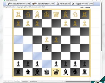 May include: A digital chess set with movable pieces. The chessboard is displayed on a computer screen with a light blue and gray background. The chess pieces are gold and black. The screen also includes buttons for "Check for CheckMate", "Check for StaleMate", "Reset Board", and "Toggle Process View".