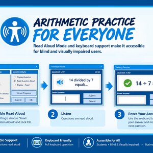 May include: A blue and white infographic titled Arithmetic Practice for Everyone, showing a three-step process for using Read Aloud Mode. It displays software interface windows for settings, a math question, and an answer entry field.