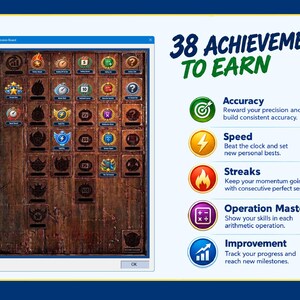May include: An achievement progression board featuring a grid of circular icons on a dark wood background. Text reads 38 ACHIEVEMENTS TO EARN, followed by categories: Accuracy, Speed, Streaks, Operation Mastery, and Improvement with descriptions.