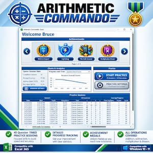 May include: Arithmetic Commando software interface for Excel, featuring a dashboard with user achievements, session statistics, charts, and practice settings. The screen displays progress tracking, a list of past practice sessions, and buttons to start practice, all presented in a blue and white color scheme.