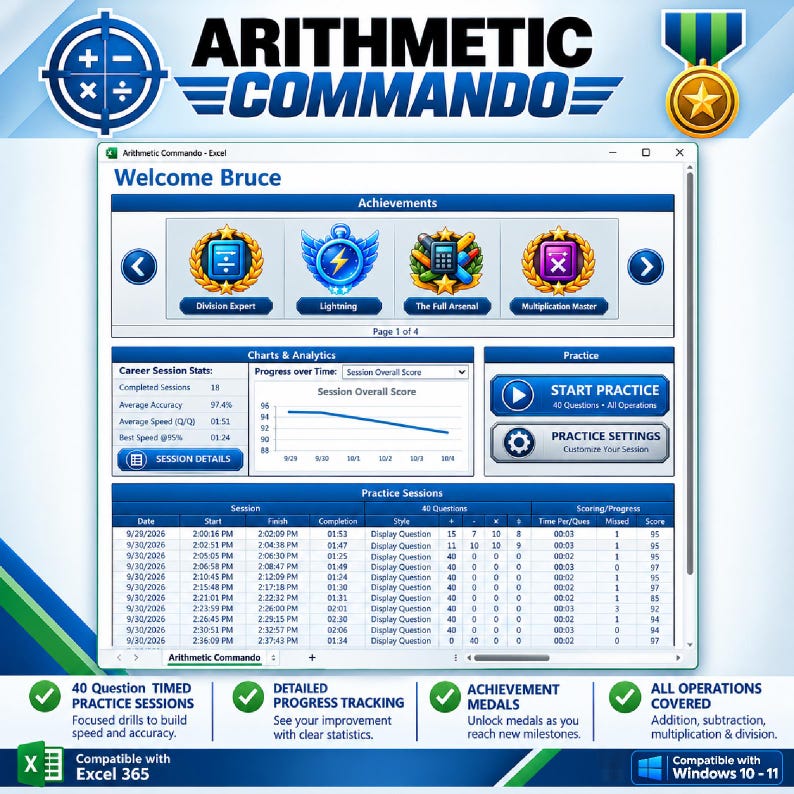 May include: Arithmetic Commando software interface for Excel, featuring a dashboard with user achievements, session statistics, charts, and practice settings. The screen displays progress tracking, a list of past practice sessions, and buttons to start practice, all presented in a blue and white color scheme.