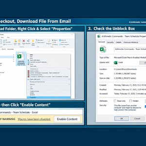 May include: A four-step instructional graphic for unblocking a Microsoft Excel file. It shows a file download, a right-click menu selecting Properties, a Properties dialog box with an Unblock checkbox, and an Enable Content security warning.