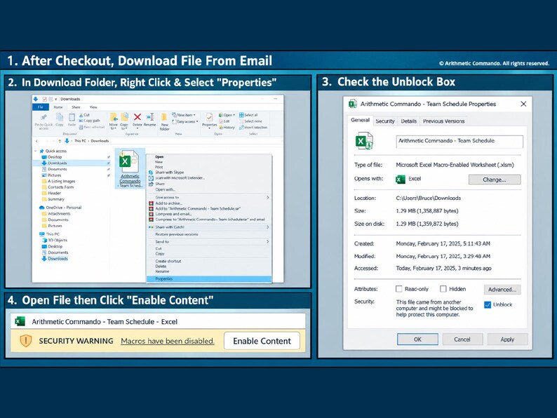 May include: A four-step instructional graphic for unblocking a Microsoft Excel file. It shows a file download, a right-click menu selecting Properties, a Properties dialog box with an Unblock checkbox, and an Enable Content security warning.