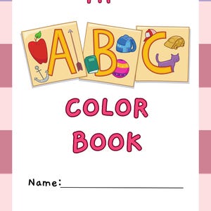 Puede incluir: Una portada colorida para un libro para colorear con el título "Mi libro para colorear ABC". La portada presenta las letras A, B y C con varias ilustraciones.