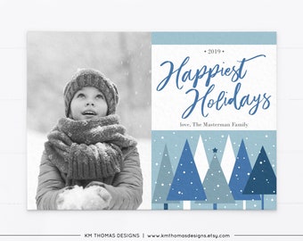 Printable Photo Christmas Card Blue, Holiday Photo Card with Trees, Happiest Holidays, WH116