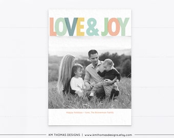 Love and Joy Christmas Photo Card Printable, Holiday Card with Picture, Personalized New Years Card Peach and Green, WH117