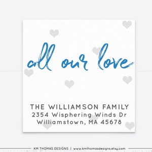 Blue All Our Love Return Address Label with Hearts, Printable Valentine Return Mail Sticker, VA102 Blue