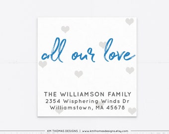 Blue All Our Love Return Address Label with Hearts, Printable Valentine Return Mail Sticker, VA102