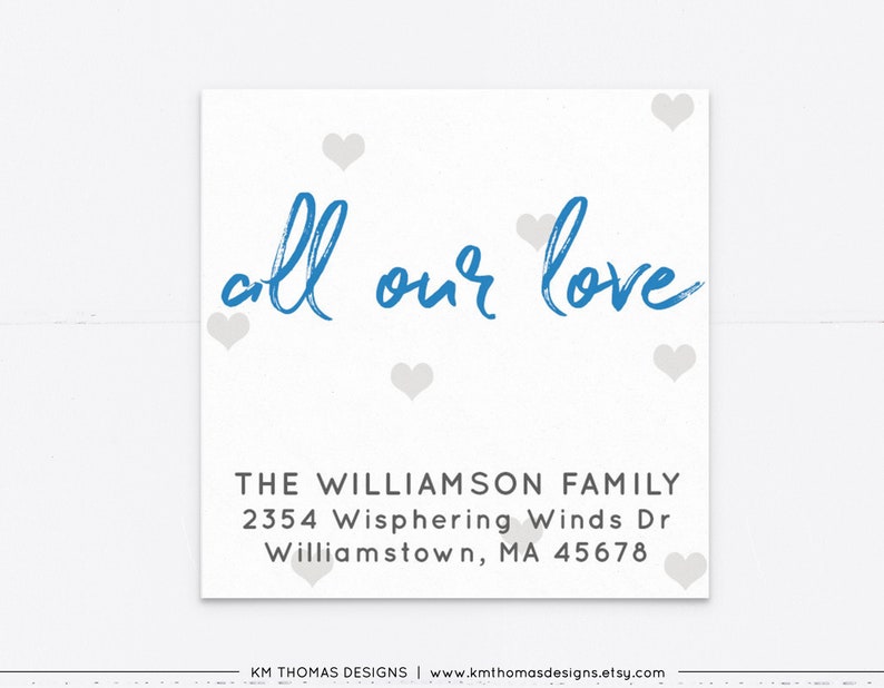 Blue All Our Love Return Address Label with Hearts, Printable Valentine Return Mail Sticker, VA102 Blue