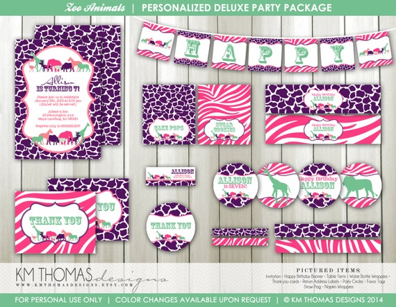 Zoo Party Package - Girl Zoo Party Decorations - Safari Animal Party Package - Girl Jungle Party Decor - Purple/Pink - Printable - BD107 Il_570xn