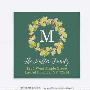 Christmas Return Address Label Printable, Square Holiday Label Wreath, Monogram Initial Green, WH105