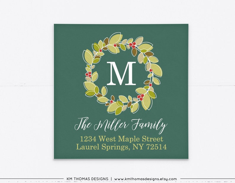 Christmas Return Address Label Printable, Square Holiday Label Wreath, Monogram Initial Green, WH105 image 1