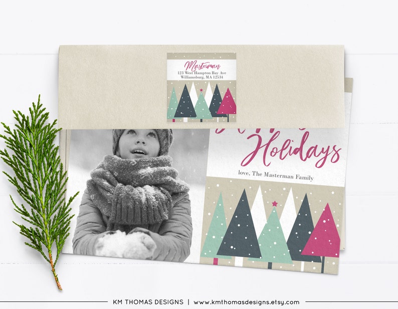 Holiday Address Label Sticker Printable, Christmas Return Address Label Square, Winter Trees Pink, WH116 Tan/Pink