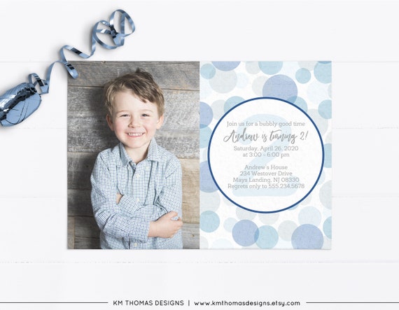 Blue Bubble Birthday Party Invitation, Boy Printable Invite, Polka Dot Party Theme, Pop Party, Blowing Bubbles, BD178 Il_570xn