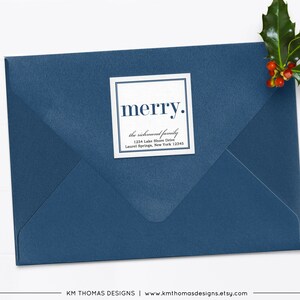 Merry Return Address Label Christmas, Holiday Mailing Sticker Printable, Square Red Label Personalized WH107 Navy