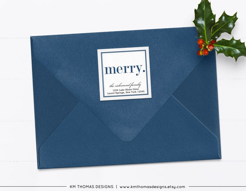 Merry Return Address Label Christmas, Holiday Mailing Sticker Printable, Square Red Label Personalized WH107 Navy