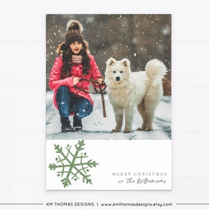 Tarjeta navideña con fotografía imprimible, Tarjeta navideña fotográfica personalizada con copo de nieve, Tarjeta navideña verde, WH128