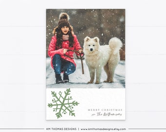 Holiday Card with Photo Printable, Photo Christmas Card Personalized with Snowflake, Green Holiday Card, WH128