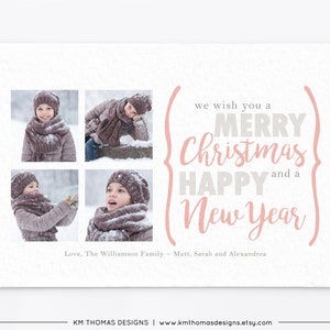 Mehrere Foto Weihnachtskarte druckbar, personalisierte Urlaub Fotokarte Rosa, Benutzerdefinierte Neujahrskarte mit Foto, WH135