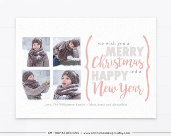 Multiple Photo Christmas Card Printable, Personalized Holiday Photo Card Pink, Custom New Years Card with Photo, WH135