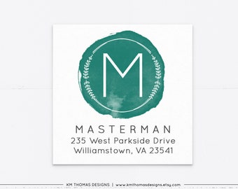 Personalized Return Address Label Sticker, Christmas Address Sticker, Square Holiday Mail Label Green, Monogram Watercolor Label, WH213