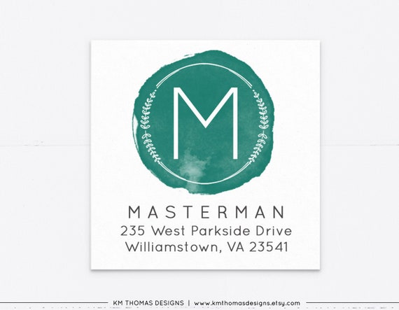 Personalized Return Address Label Sticker Christmas Address Sticker Square Holiday Mail Label Green Monogram Watercolor Label Wh213 By Km Thomas Designs Catch My Party