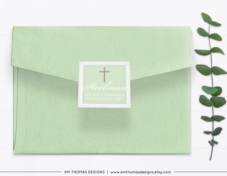 Return Address Label Sticker for Baptism Invitation, Printable Religious Address Label Pink, R103 Pale Green