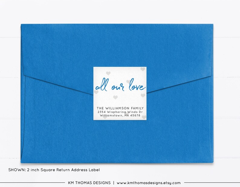 Blue All Our Love Return Address Label with Hearts, Printable Valentine Return Mail Sticker, VA102 image 2