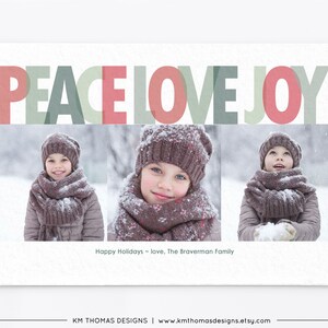 Peace Love Joy kerstkaart met foto's, gepersonaliseerde vakantiefotokaart groen en rood, WH117