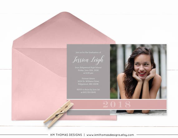 College Graduation Invitation for Girls, High School Graduation Announcement, Printable Photo Card, Class of 2018 Commencement GR102 Il_570xn