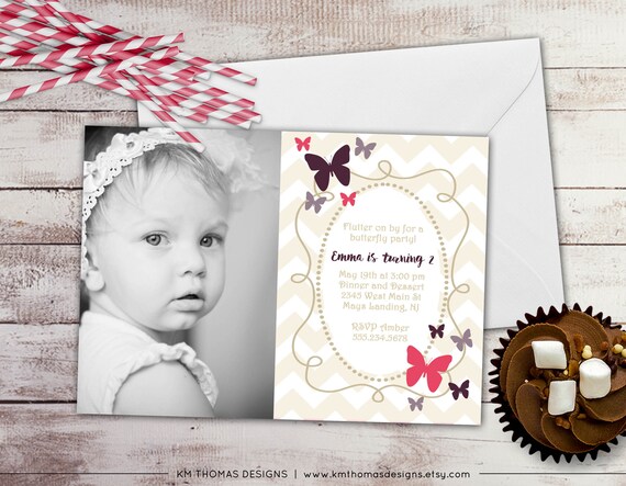 Girl Butterfly Invitation - Butterfly Invitation - Girl Photo Invitation - Girl Birthday Photo Invitation - Printable Invitation - BD126 Il_570xn