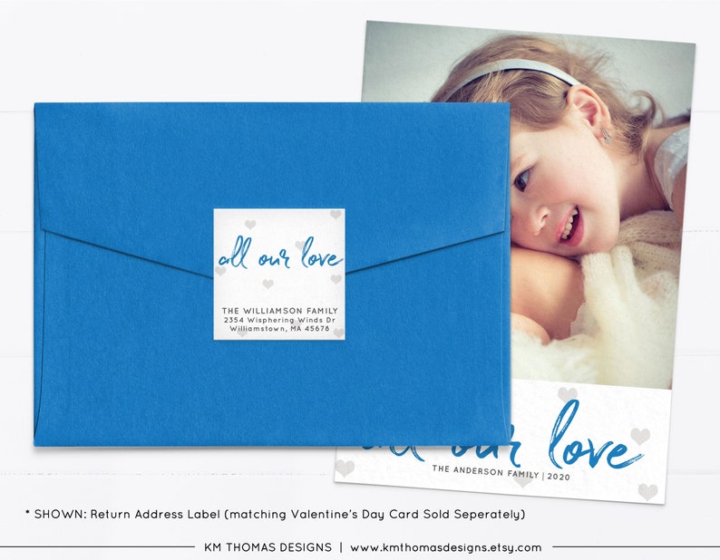 Blue All Our Love Return Address Label with Hearts, Printable Valentine Return Mail Sticker, VA102 image 4