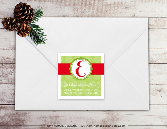 Monogram Return Address Label: Square Label - Holiday Return Address Label - Red Christmas Label - Address Sticker - Large Initial- WH195 Il_570xn