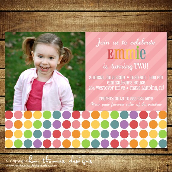 Rainbow Birthday Invitations, Printable Rainbow Invitation, Rainbow Polka Dot Party, Girl Birthday Party, Personalized Girl Invitation BD152 Il_570xn