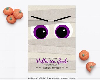 Halloween Party Invitation for Kids, Printable Mummy Birthday Party Invitation Purple, FA104