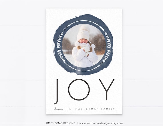 Photo Christmas Card Joy, Holiday Photo Card Navy Blue Printable, Family Holiday Card with Watercolor Wreath, Modern Custom Card, WH213 Il_570xn