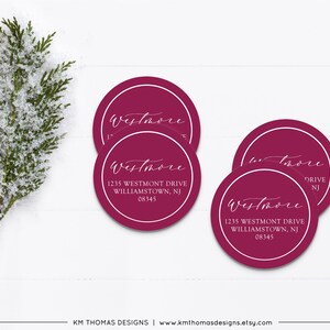 Printable Address Labels Round, Christmas Return Address Label Gray, Modern Holiday Mailing Label, WH126 Plum