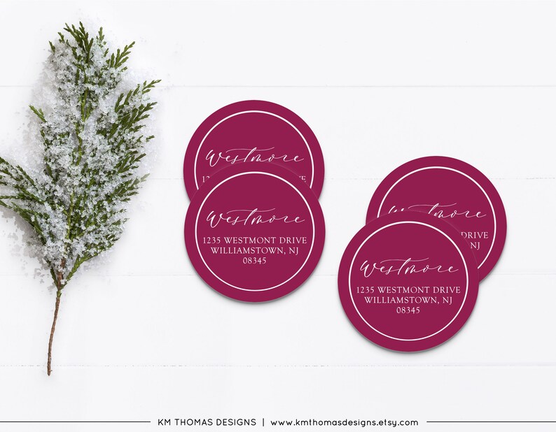 Printable Address Labels Round, Christmas Return Address Label Gray, Modern Holiday Mailing Label, WH126 Plum