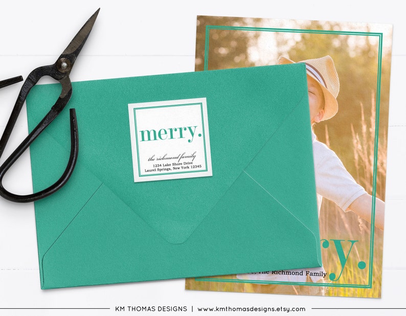 Merry Return Address Label Christmas, Holiday Mailing Sticker Printable, Square Red Label Personalized WH107 Teal