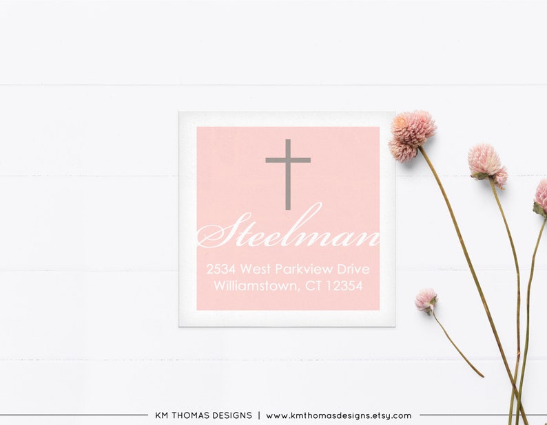 Return Address Label Sticker for Baptism Invitation, Printable Religious Address Label Pink, R103 image 1