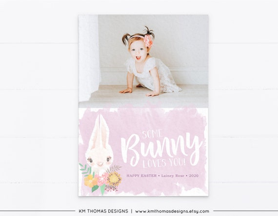 Easter Card with Photo, Watercolor Bunny Easter Photo Card Purple, EA106 Il_570xn