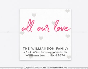 Pink Valentine Return Mail Sticker, All Our Love Address Label Pink, VA102