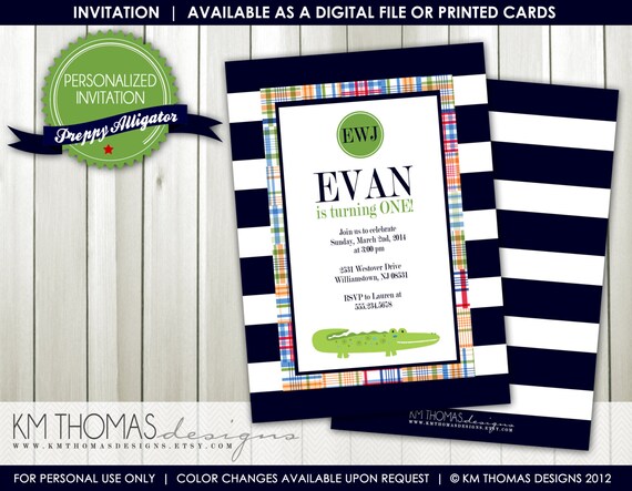 Alligator Birthday Invitation - Alligator Party Invitation - Preppy Boy Invitation - Navy Stripes - Printable Birthday Invitation - BD159 Il_570xn