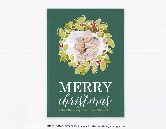 Holiday Card Personalized with Photo, Christmas Photo Card with Wreath Green, WH105 Il_570xn